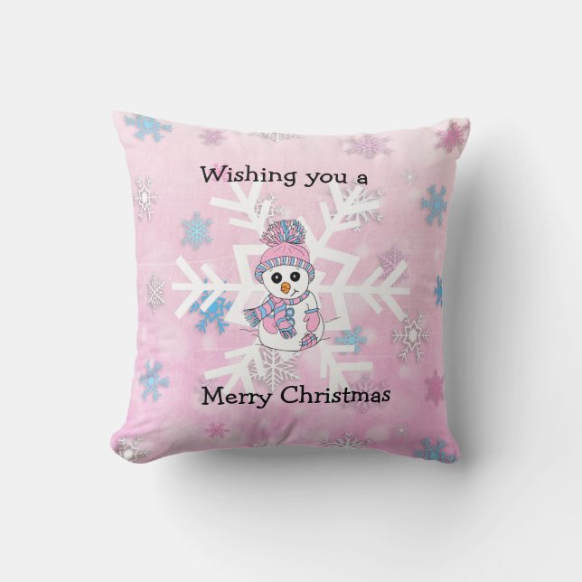 Merry Christmas Whimsical Snowman and Snowflake Cushion (Front)