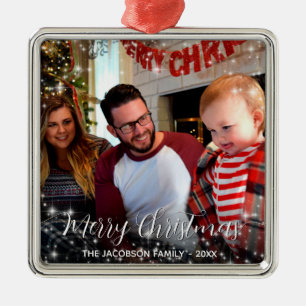 Merry Christmas Whimsical Sparkles Holiday Photo Metal Tree Decoration