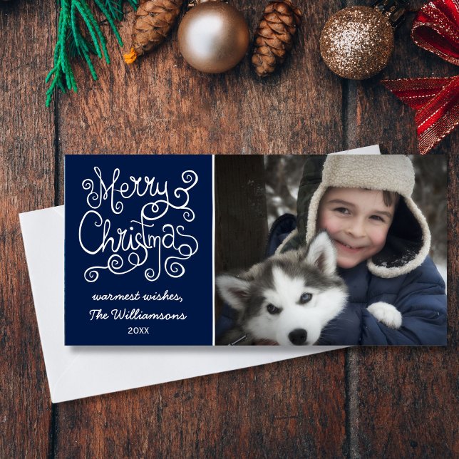 Merry Christmas Whimsical Swirl Typography Photo Holiday Card (Creator Uploaded)