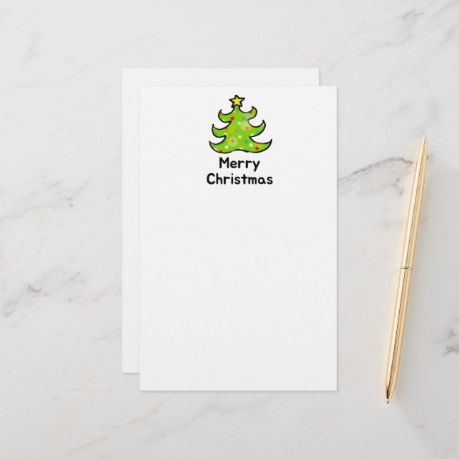 Merry Christmas Whimsical Tree Design Stationery (Front/Back In Situ)