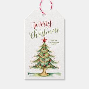 Merry Christmas Whimsical Tree Family Name Gift Tags