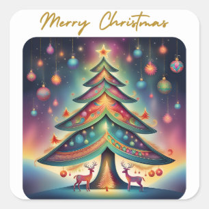 Merry Christmas Whimsical Tree Square Sticker