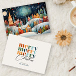 Merry Christmas Whimsical Winter Village Holiday Card<br><div class="desc">This customisable Christmas card features a beautiful, whimsical winter village scene on the front, with colourful houses set against a snowy landscape under a starry night sky. The charming, hand-drawn style evokes a cosy, festive atmosphere, perfect for spreading Christmas cheer. On the back, the card offers a modern, minimalist design...</div>