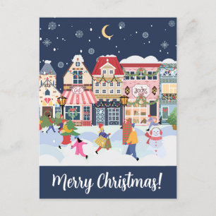 Merry Christmas Whimsy Winter Town Personalise Postcard