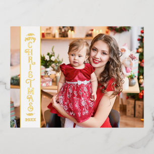 Merry Christmas white 2 photos family gold Foil Holiday Postcard