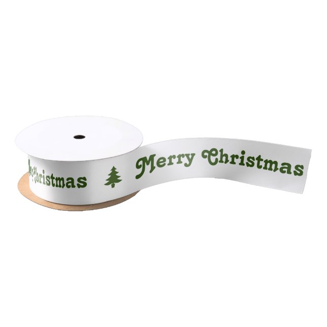 Merry Christmas White and Green Christmas Trees Satin Ribbon (Spool)