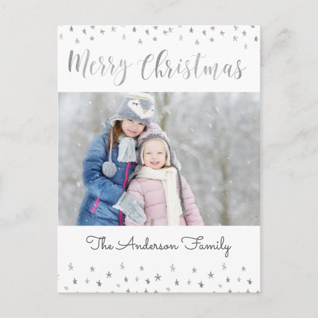 Merry Christmas White and Silver Foil Stars Photo Holiday Postcard (Front)