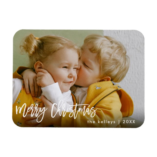Merry Christmas White Brush Script Photo Holiday Magnet (Horizontal)