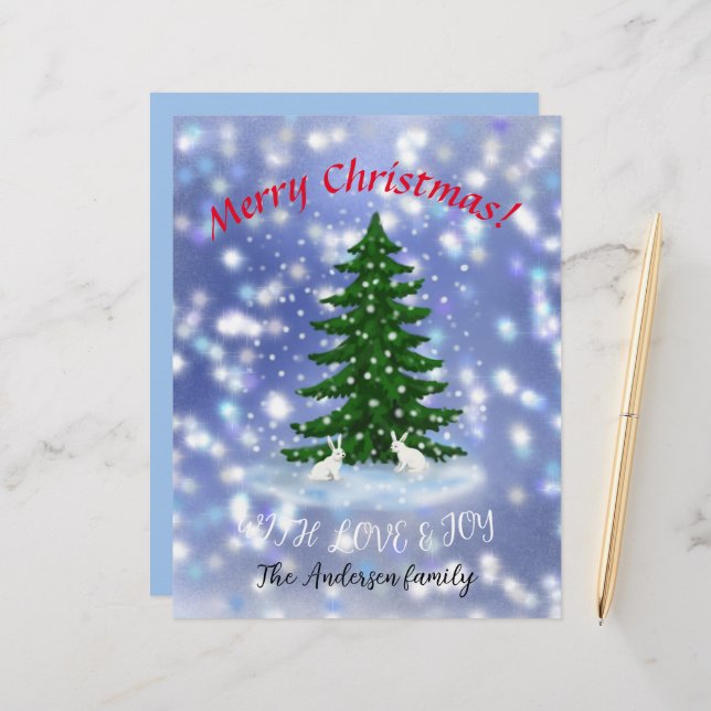 Merry Christmas white bunnies under a spruce Lette Custom Letterhead (Front/Back In Situ)