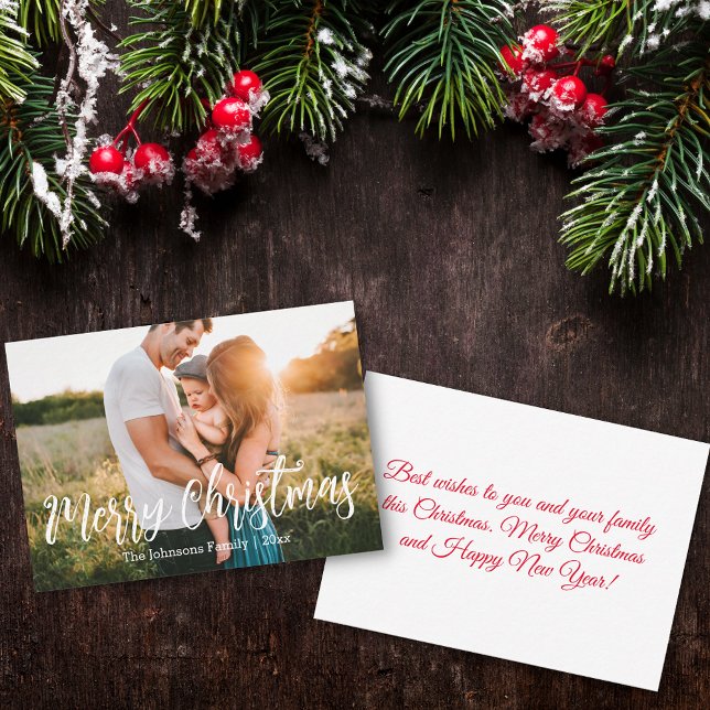 merry christmas white calligraphy family photo    card (Creator Uploaded)