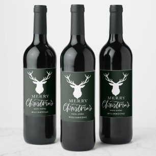 Merry Christmas White Deer Customised Dark Green Wine Label