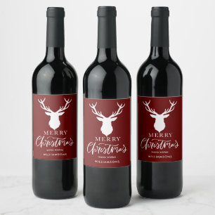 Merry Christmas White Deer Red Personalised Wine Label