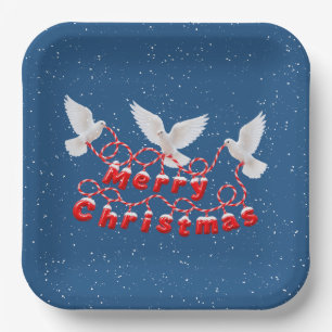 MERRY CHRISTMAS White Doves and Snowflakes Paper Plate