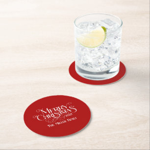 Merry Christmas White Festive Retro Typography Round Paper Coaster
