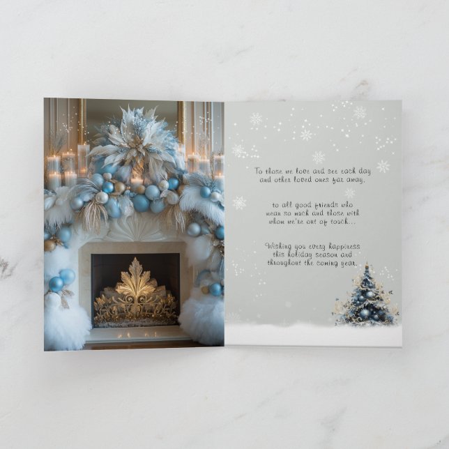 Merry Christmas White Fireplace Blue Ornaments Holiday Card (Inside)