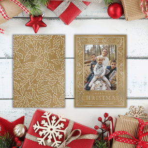 Merry Christmas White Foliage on Gold & Photo Holiday Card