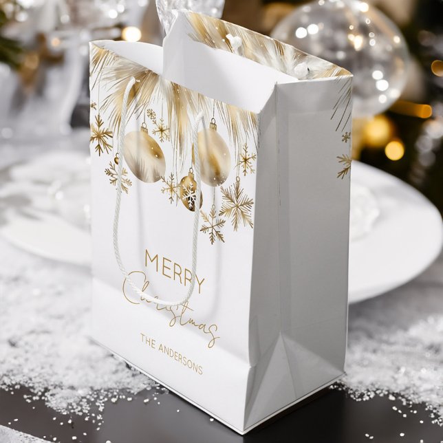 Merry Christmas white gold boho baubles  Medium Gift Bag (Merry Christmas white gold boho metallic baubles  snowflakes pampas grass personalized Gift Bag)