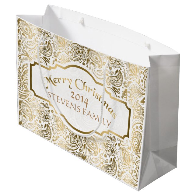 Merry Christmas-White & Gold Floral Paisley Lace 2 Large Gift Bag (Back Angled)