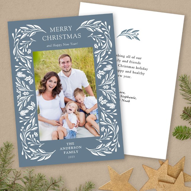 Merry Christmas White Greenery Message Photo Holiday Card (Creator Uploaded)