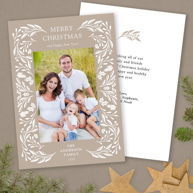 Merry Christmas White Greenery Message Photo Holiday Card (Creator Uploaded)