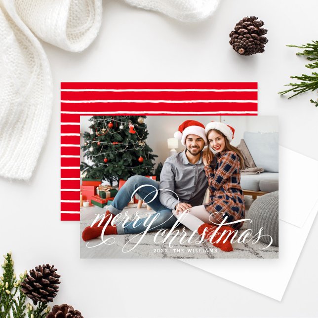 Merry Christmas White Handwritten Script Photo Holiday Card (Creator Uploaded)