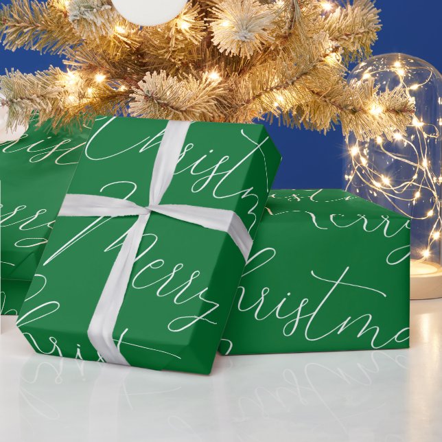 Merry Christmas white handwritten text, green  Wrapping Paper (Holidays)