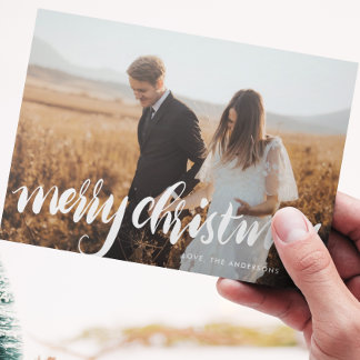 merry christmas white lettering overlay photo holiday card