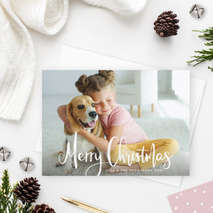 Merry Christmas White Modern Brushed Script Photo Holiday Card