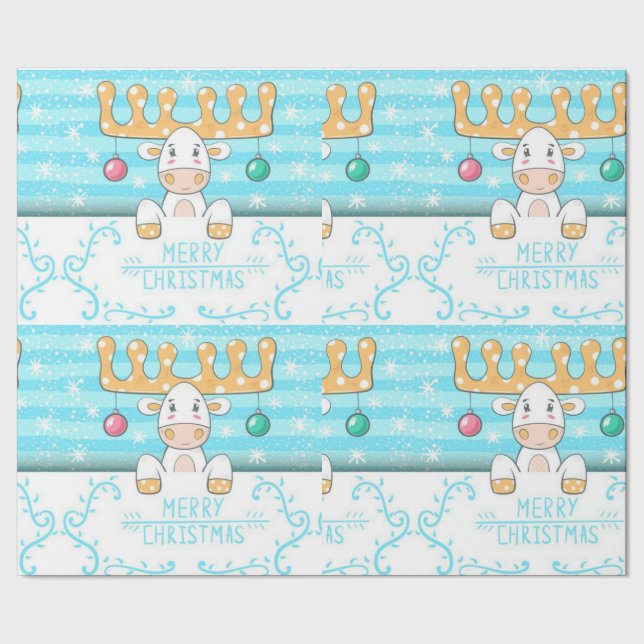 Merry Christmas White Moose Wrapping Paper (Seam)