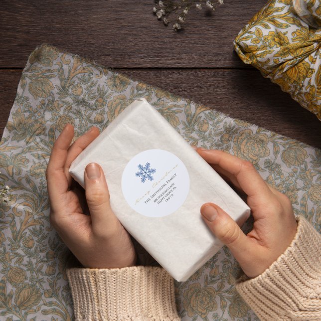 Merry Christmas White Navy Grey RSVP Snowflakes Classic Round Sticker (Merry Christmas White Navy Gray RSVP Snowflakes Classic Round Sticker)