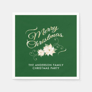 Merry Christmas & White Poinsettias Green Napkin