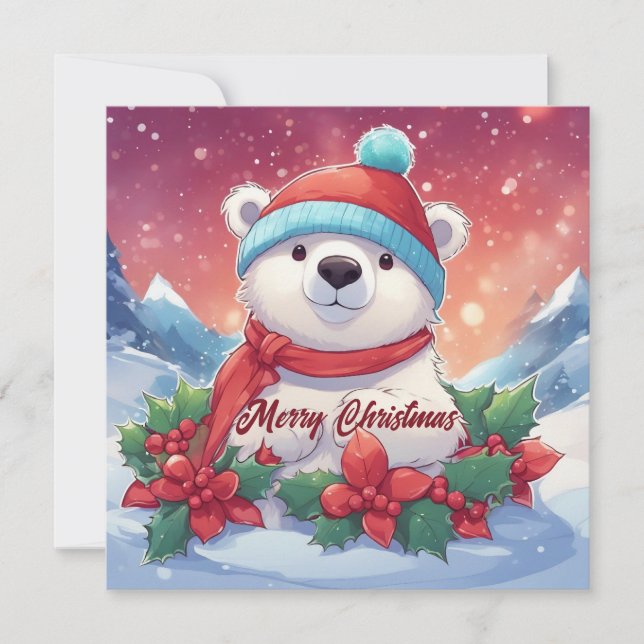 Merry Christmas White Polar Bear  Holiday Card (Front)