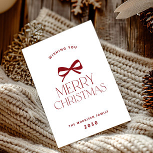 Merry Christmas white red bow simple non-photo Holiday Card
