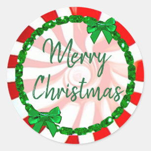 Merry Christmas White, Red Green Peppermint Candy Classic Round Sticker