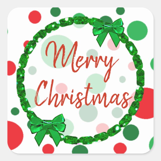Merry Christmas White, Red Green Polka Dots Square Sticker (Front)