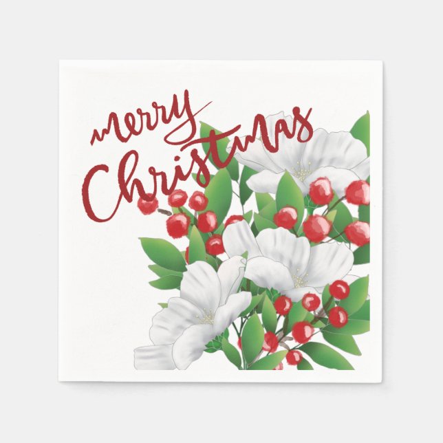 Merry Christmas White Red Green Watercolor Floral Napkin (Front)