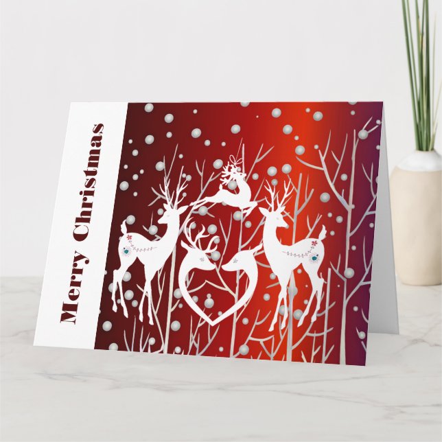 Merry Christmas White Reindeers Elegant Red Custom Card (Front)