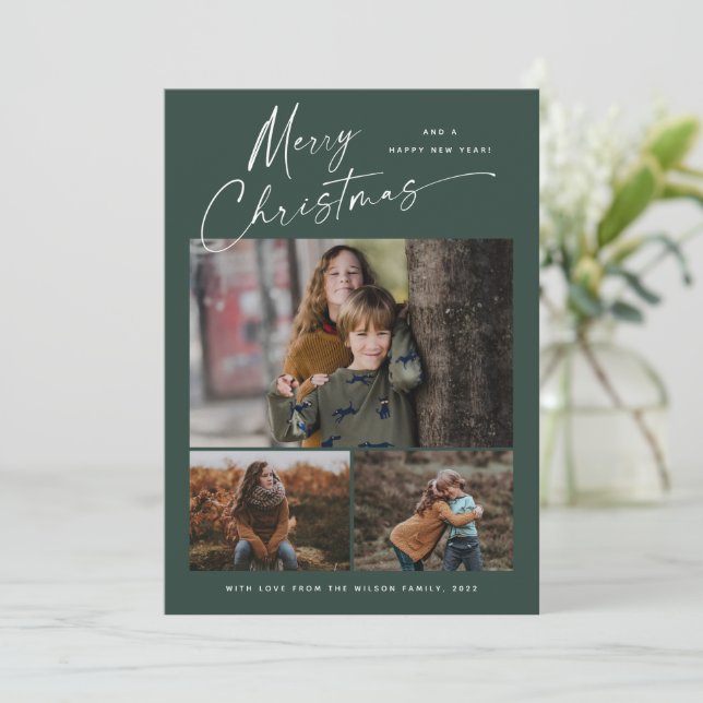 Merry Christmas White Script 3 Photo Collage Holiday Card (Standing Front)