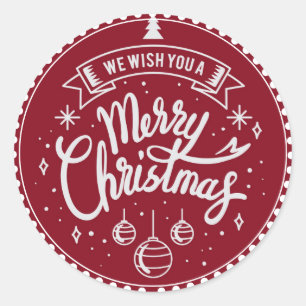 Merry Christmas White Script On Red Classic Round Sticker