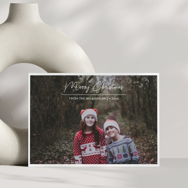 Merry Christmas White Script Overlay Border Photo Holiday Card (Creator Uploaded)