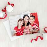 Merry Christmas White Script Photo Overlay Holiday Card<br><div class="desc">Simply chic holiday photo greeting card features "Merry Christmas" in a modern beautiful script with scrolling detail in white.  White and red diagonal stripes add interest to the back of the card - use "customize it" to edit the red background color.</div>