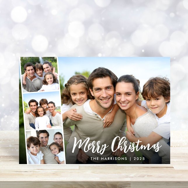 Merry Christmas White Script Photo Strip Holiday Card (Share the love and warmth of the season with your personalized photo Christmas card)