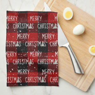 Merry Christmas White Trees On Buffalo Plaid Tea Towel