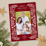 Merry Christmas White Winter Greenery Photo Holiday Card<br><div class="desc">A vertical photo Christmas card showcasing elegant white winter holiday greenery on a dark red background.</div>