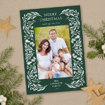 Merry Christmas White Winter Greenery Photo Holiday Card<br><div class="desc">A vertical photo Christmas greeting card featuring an elegant white winter greenery frame on a dark green background.</div>