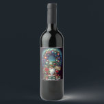 MERRY CHRISTMAS WINE LABEL<br><div class="desc">A festive gnome stands surrounded by vibrant Christmas elements,  including a lush wreath adorned with colourful ornaments and flowers. Holding a "Merry Christmas" sign,  the scene radiates holiday cheer and lively colours. Digital Art
Photoshop CS5</div>