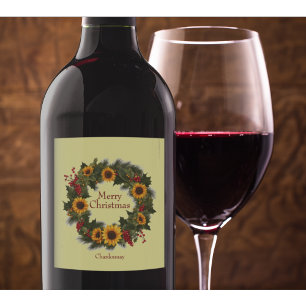 Merry Christmas Wine Sunflower Wreath Holly Joy Wine Label