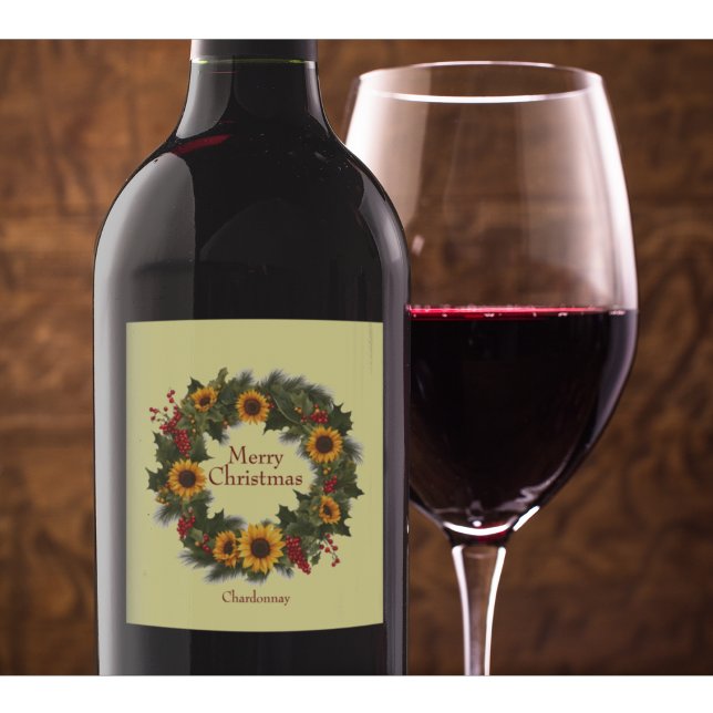Merry Christmas Wine Sunflower Wreath Holly Joy Wine Label (Custom Christmas Wine Label)