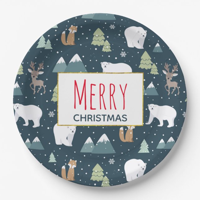Merry Christmas Winter Animals Rustic Pattern Paper Plate (Front)