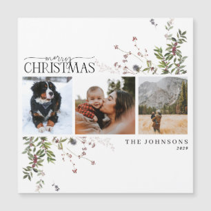 Merry Christmas Winter Berry 3 Photo Magnetic Card